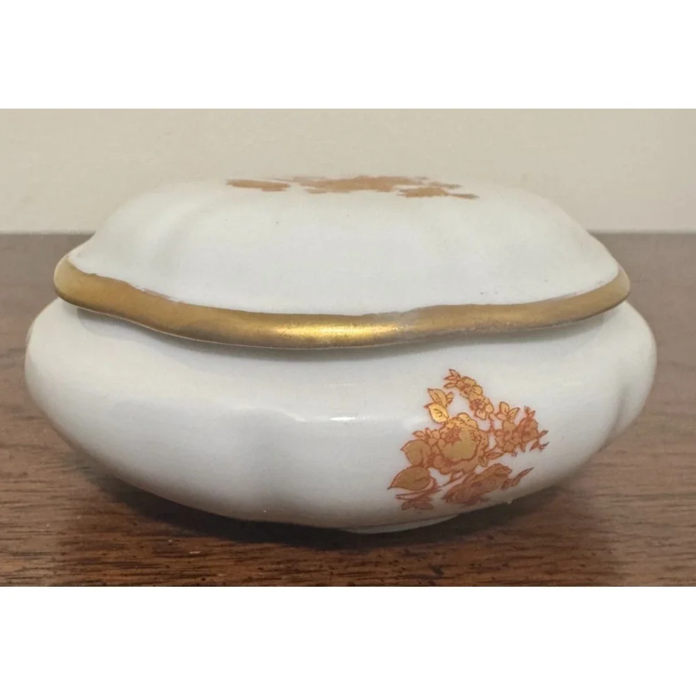 Vintage Limoges France Porcelain Gold Rose Floral Dresser Trinket Box 3